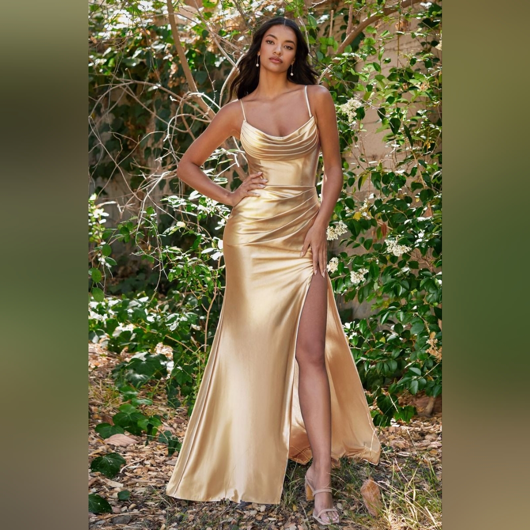 Gold Satin Cowl Neck Gown By Ladivine Ch172